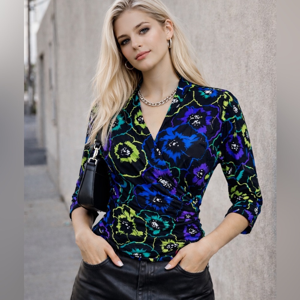 Vintage 80s Chaus Surplice Floral Top Cinched Waist Black Colorful M